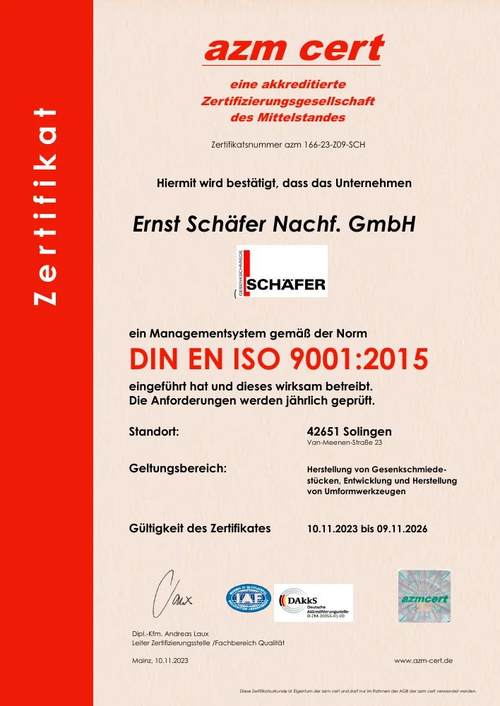 Zertifizierungsurkunde DIN EN ISO 9001:2015 der Ernst Schäfer Nachf. GmbH
